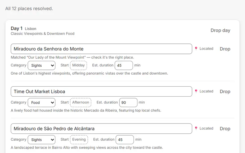 A suggested itinerary under review: all 12 places resolved, Day 1's stops each marked as located on the map.