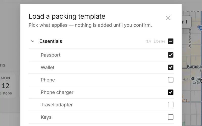 The packing template picker: Essentials with Passport, Wallet and Phone charger ticked.