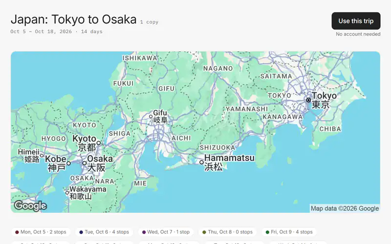 A published trip's public page: its title with a copy count, a Use this trip button and the trip's map.