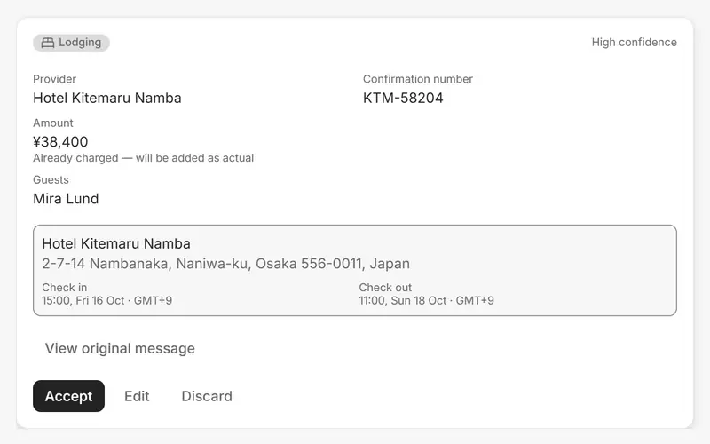 A hotel confirmation read into a reservation awaiting review: provider, confirmation number, amount, check-in and check-out, with Accept, Edit and Discard.