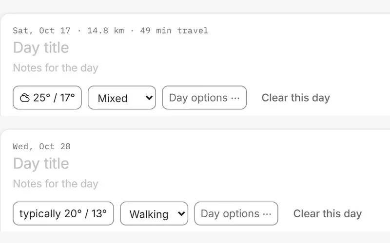 Two day headers: one with a forecast of 25° and 17°, one further out reading typically 20° and 13°.